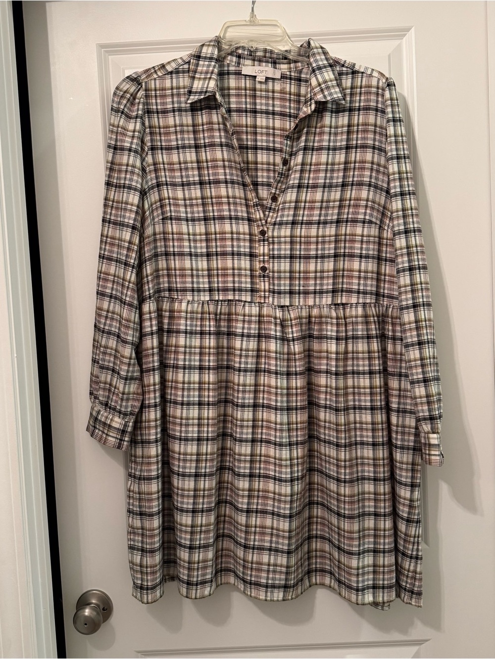 LOFT Neutral Plaid Button-Front Tunic dress